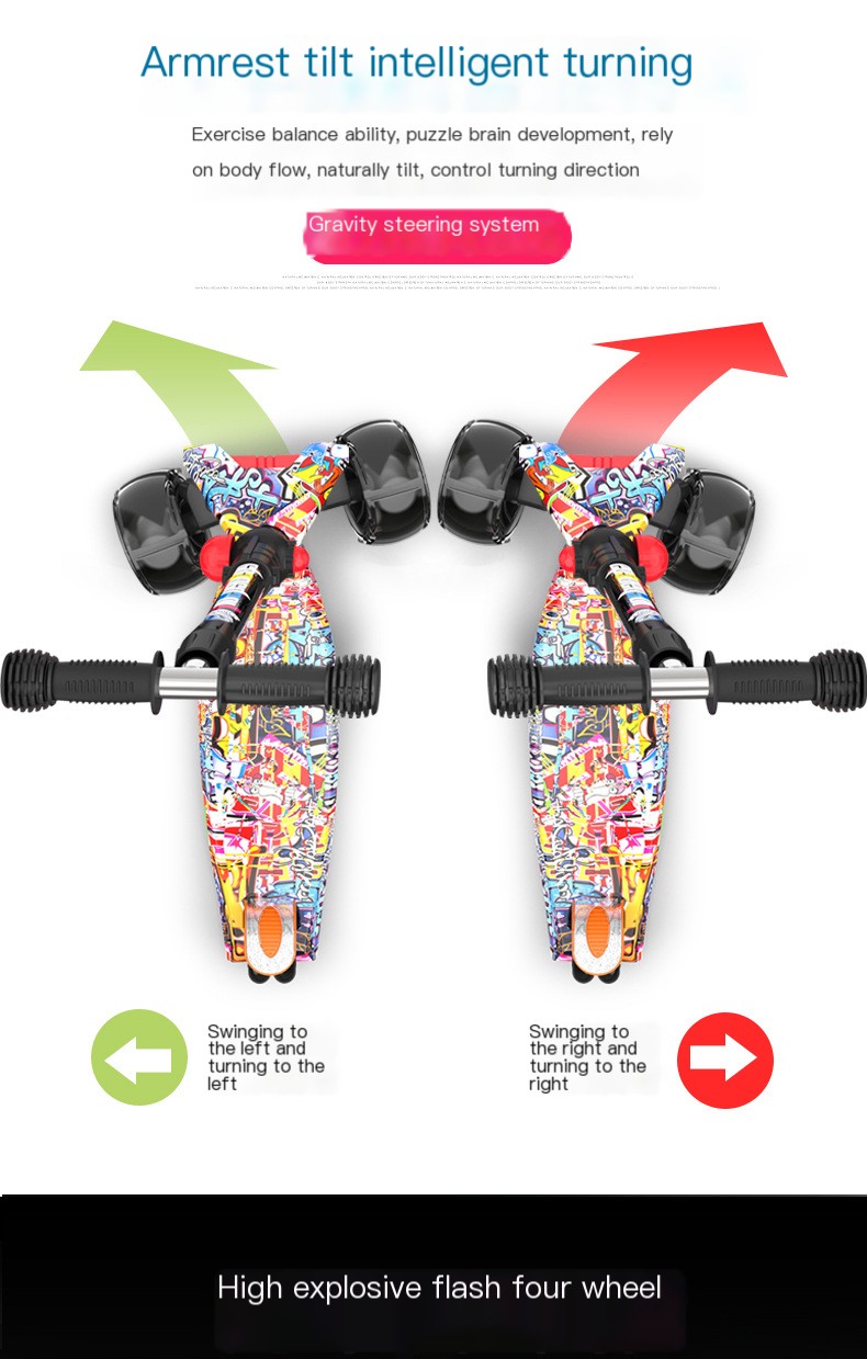 Swiss surfing children folding scooter boys and girls graffiti wide wheel scooter three four-wheel flash pulley