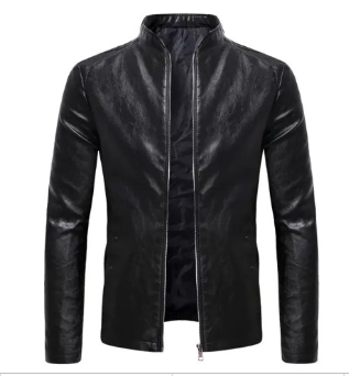 Men's motorcycle slim fit leather jacket, youth standing collar business casual leather jacket image