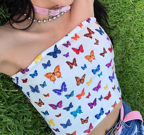 One-Shoulder Butterfly Print Cropped T-Shirt Image 3