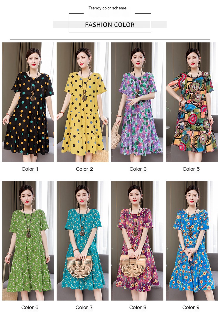 Mom Loose Slim Floral Cotton Silk Dress Summer Dress 2023 New Women's Short Sleeve Stylish Fashion Elegant