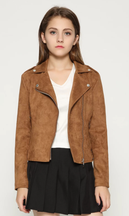 Suede Lapel Long Sleeve Zipper Decor Leather Jacket Image 2