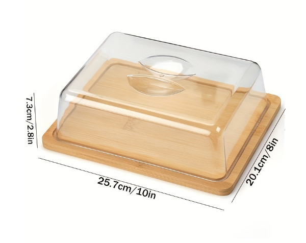 Square Bamboo Butter Dish Creative Rectangular with Glass Lid for Home