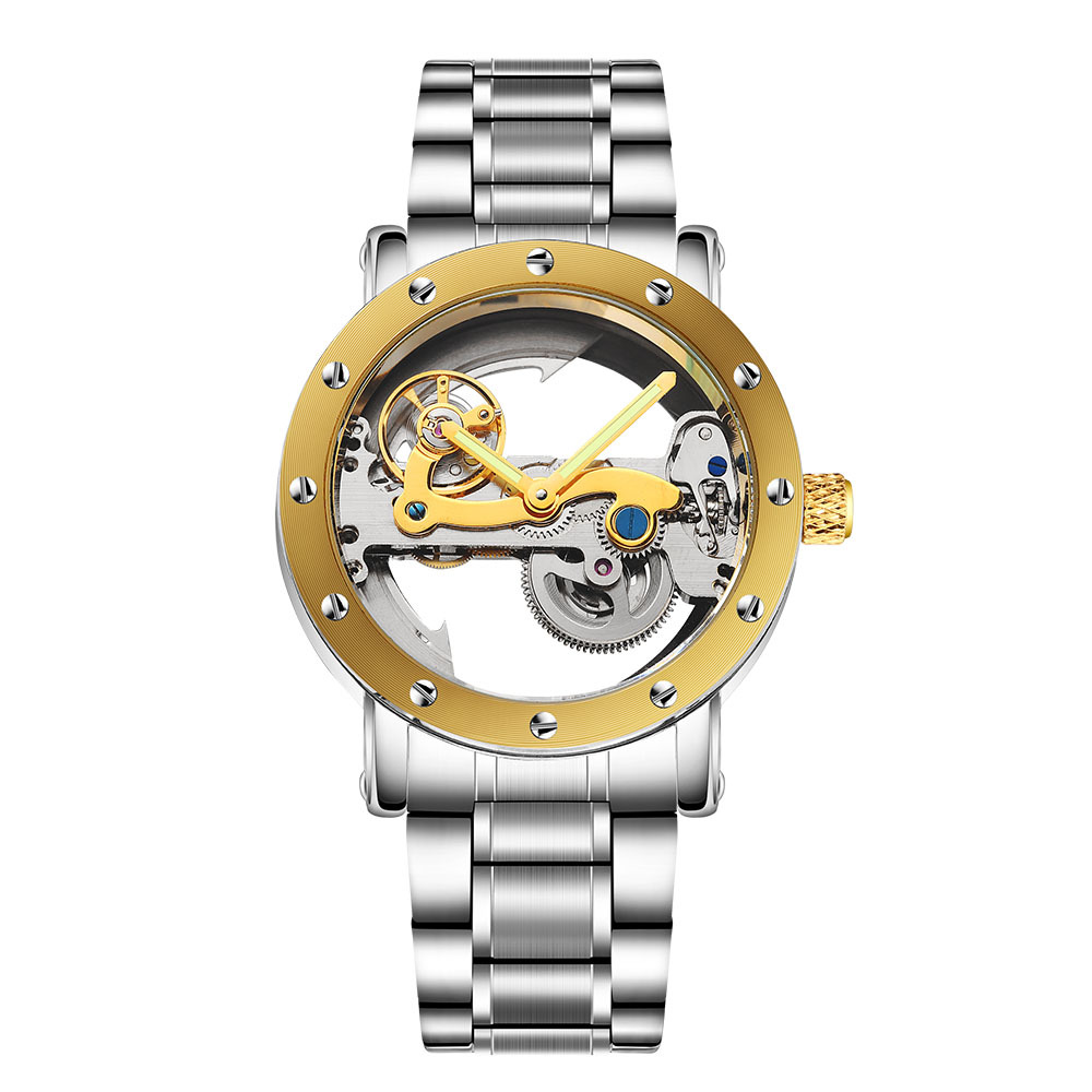 ساعة ميكانيكية أوتوماتيكية ذهبية اللون ذات وجهين مجوفين