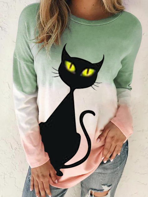 Women's Cartoon Cat Print Sweatshirt