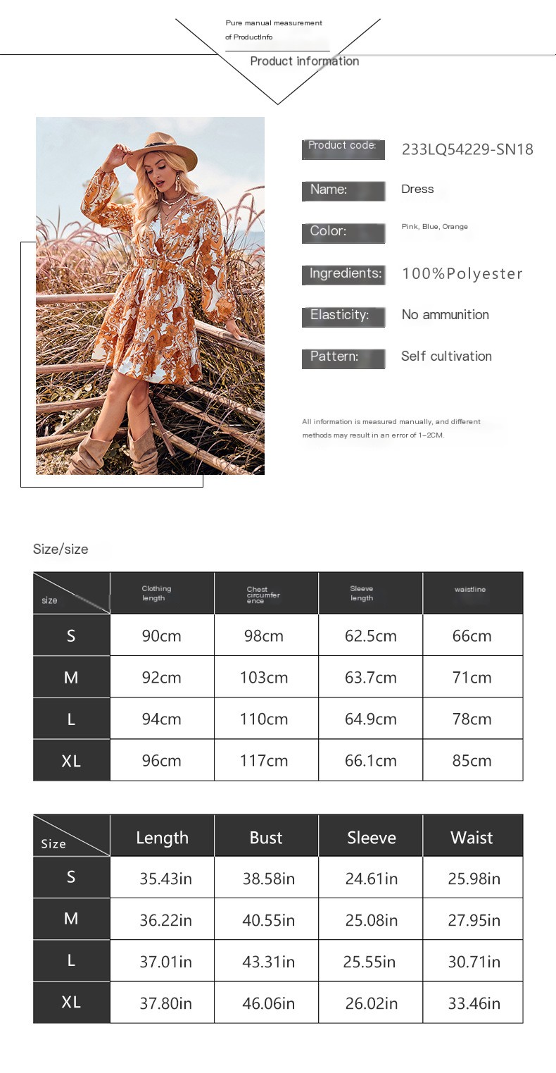 Women's Printed Wear V-neck Long-sleeve Dress