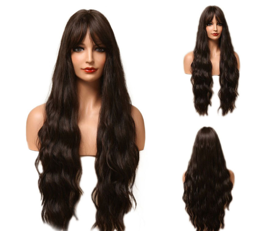 Black Brown Long Curly Hair With Bangs Image 1