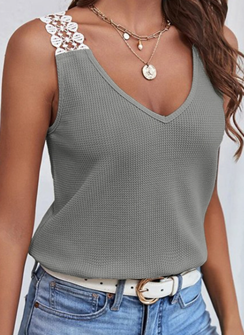 Lace Detail Waffle-Knit V-Neck Tank - Front View
