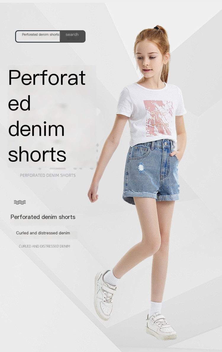 Girl wearing light blue denim shorts