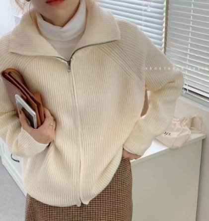 Lapel Zipper Cardigan Sweater