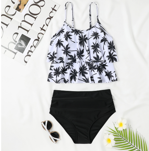 WOLFF black tankini with coconut palm print image