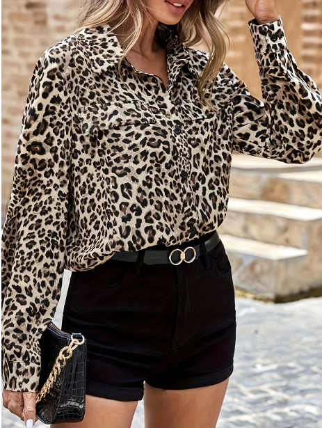 LIVA Leopard Print Chiffon Shirt in Action