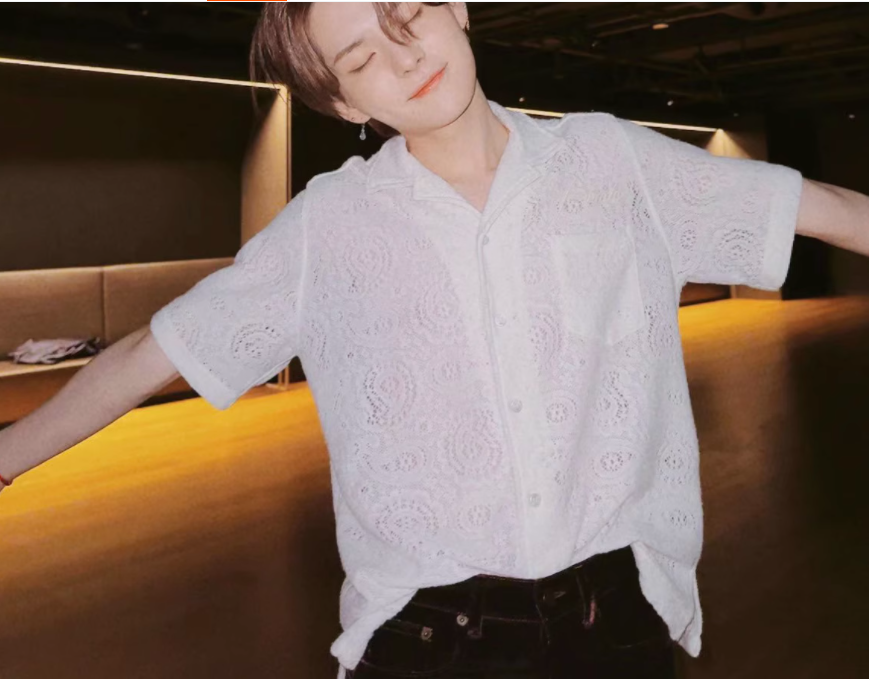 RHUDE American vintage lace Cut-out boxy short-sleeved shirt cleanfit loose knit embroidered coat