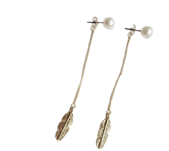 Pearl Long Earrings with Feather Design