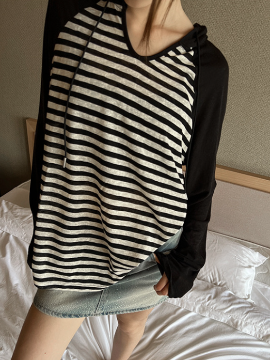 Loose Fleece Embroidered Hooded Panel Striped Long Sleeve Sweater Jacket