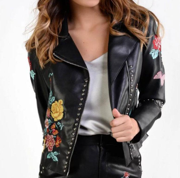 Embroidered Studded Leather Jacket Front View