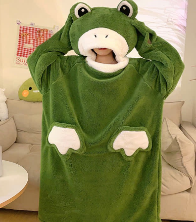Kawaii Cartoon Frog Plush Hooded Jumpsuit Pajamas