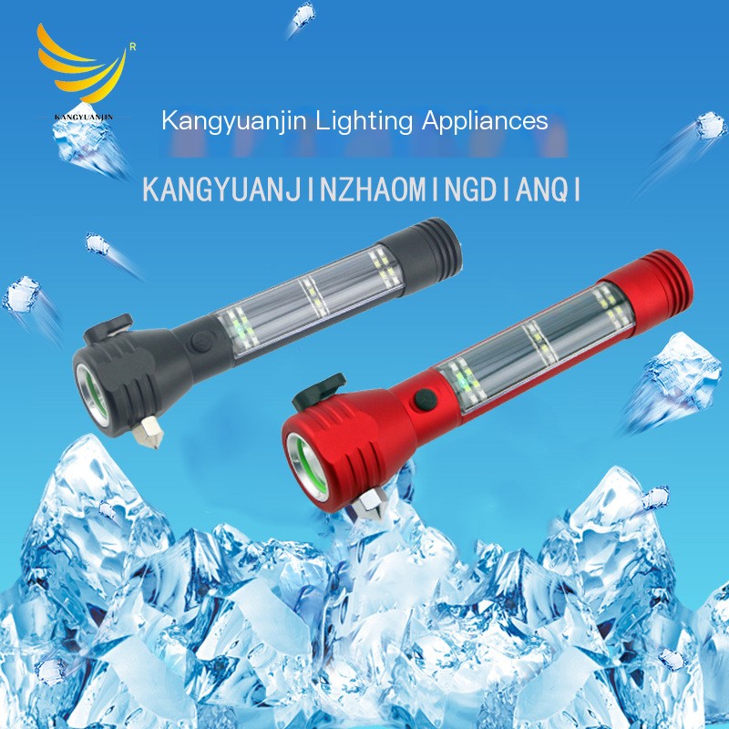High Power Solar Rechargeable Flashlight with Emergency Hammer shown in black and red on an outdoor ice background, adult unisex aluminum LED flashlight, imported, HS code 8513.10, for camping and emergency lighting