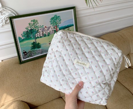 Korean Quilted Cosmetic Storage Bag - Floral Design