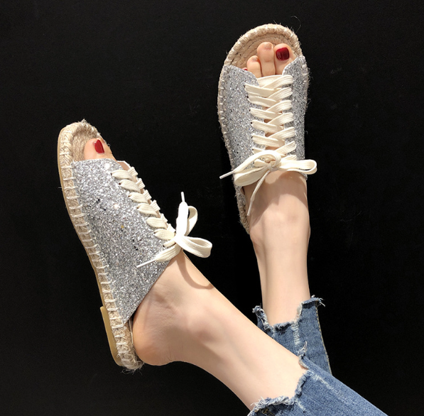 Sequin Lace-Up Slide Sandals - Silvery