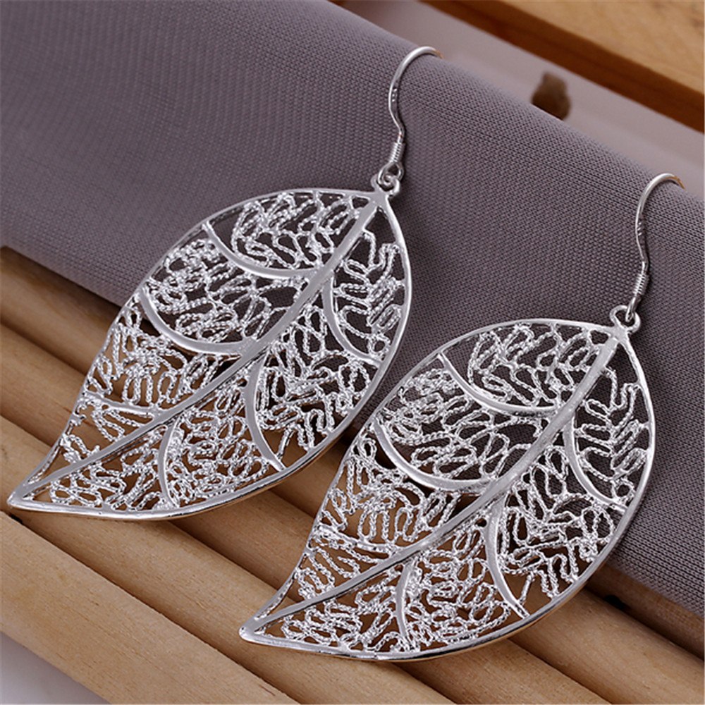 Silver Plated Hollow Leaf Earrings