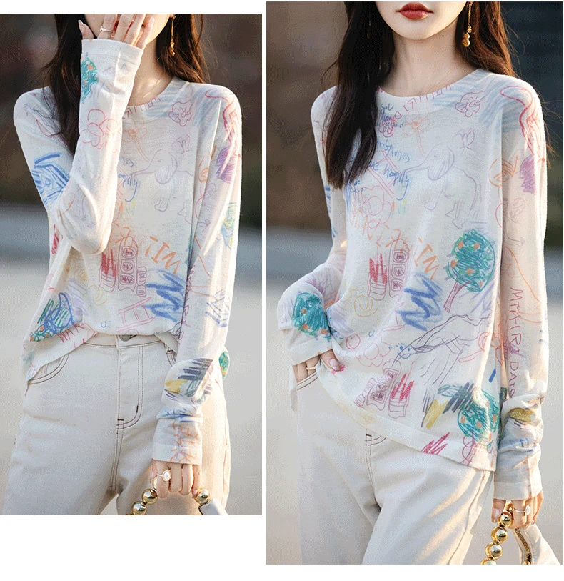 Early spring new ultra fine worsted water soluble wool sweater women ink print round neck long sleeve base T-shirt sunscreen top