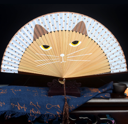 Hand-Painted Cat Design on Bamboo Fan