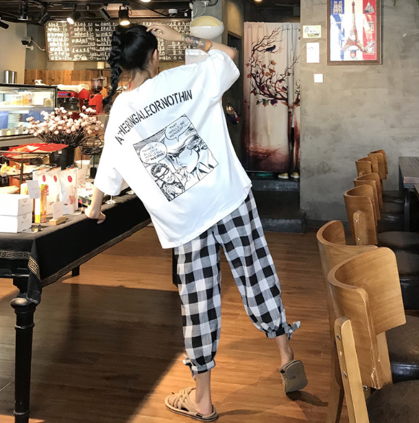 Two-piece printed plaid cropped trousers