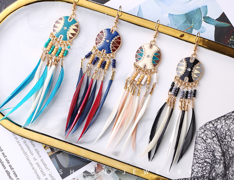 Colorful Feather Drop Earrings Image 1
