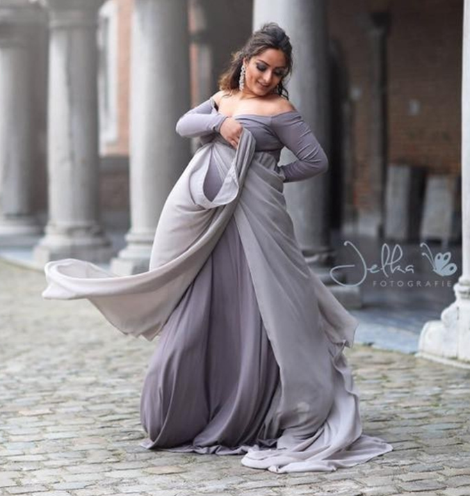 Chiffon Maternity Cape Dress
