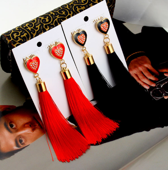 Tassel Earrings - Diamond-Studded Heart Design