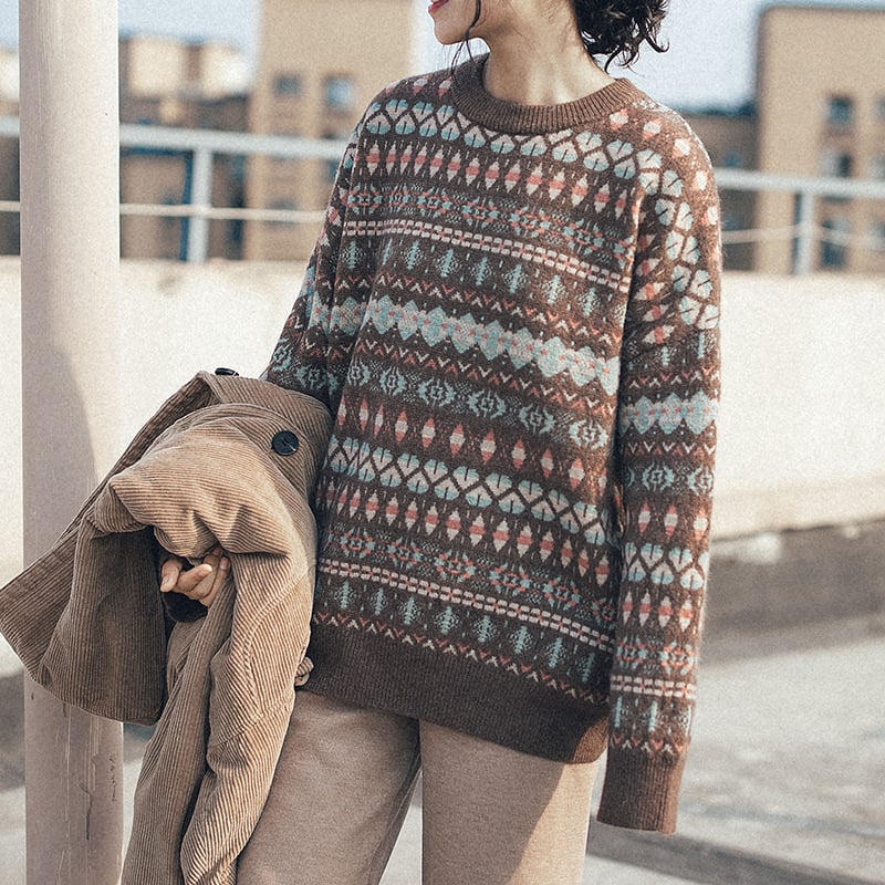Women's New Loose Retro Ethnic Style Pullover in Light Khaki