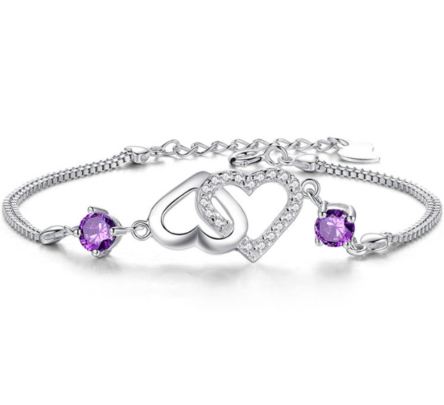 S925 Silver Heart-Shaped Amethyst Bracelet