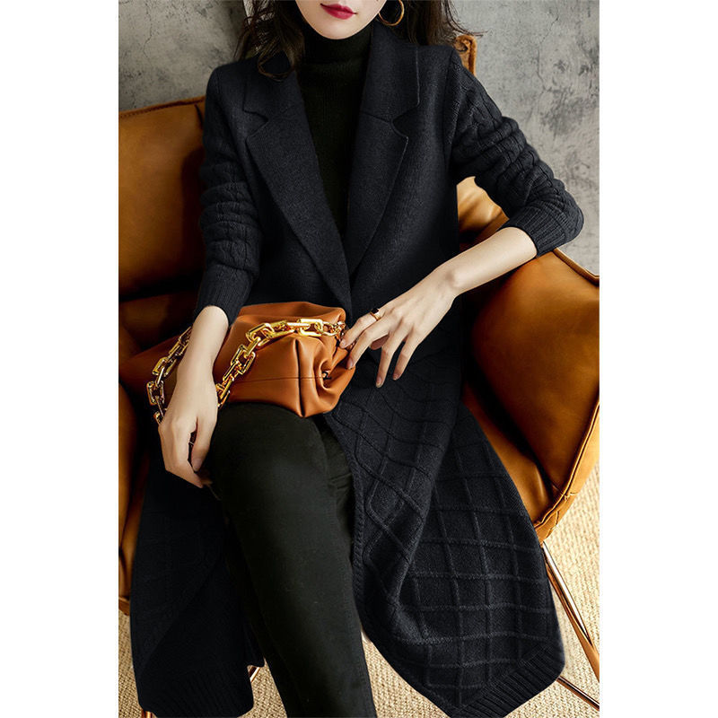 Solid Color Thickened Sweater Women's Coat - Front View