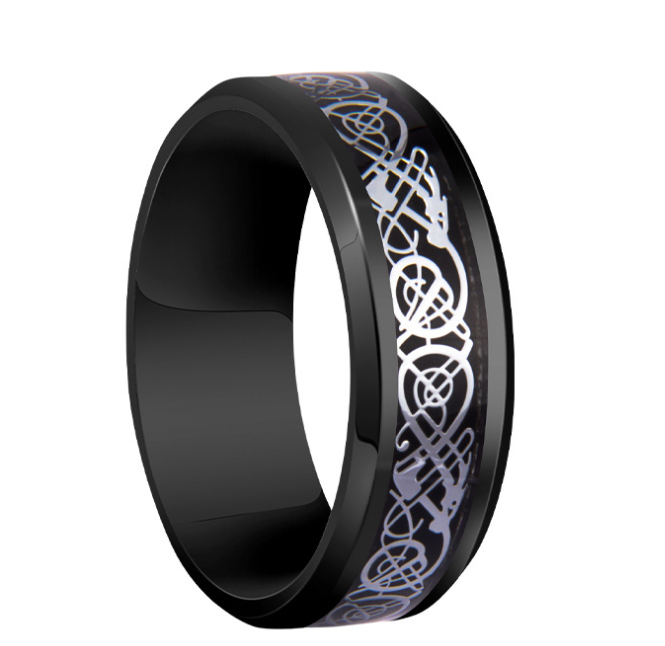 Silver Tungsten Steel Ring with Dragon Pattern