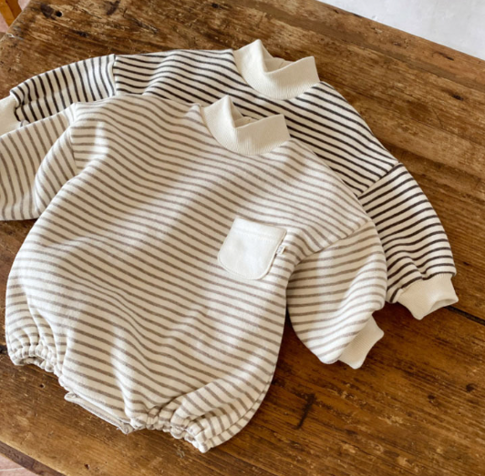Striped Turtleneck Romper - Beige