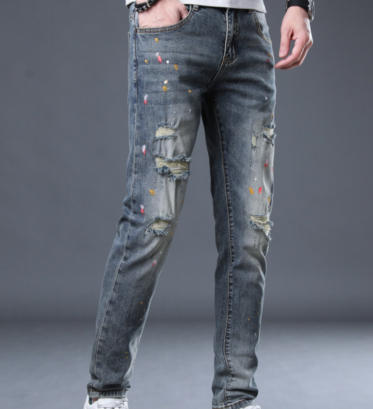 Colored Ink Graffiti Ripped Slim Stretch Jeans 3