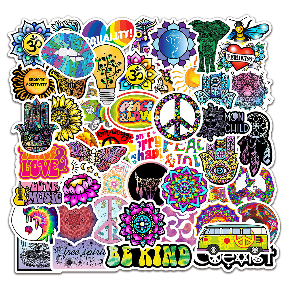 50 Retro Hippie Stickers Love And Peace Motorcycle Laptop Suitcase Skateboard DIY Diary Stationery PVC Waterproof Stickers 9 Orders image
