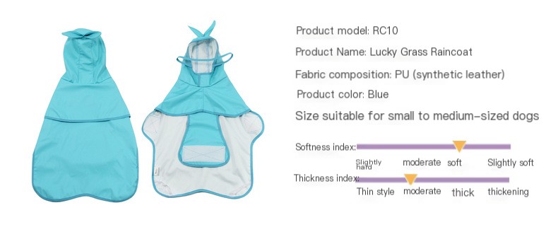 Dog wearing blue raincoat