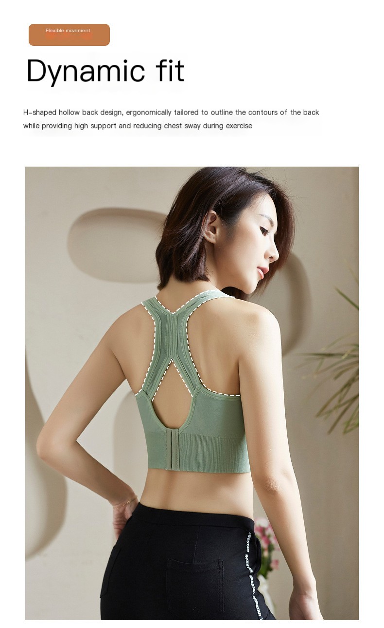 Adult women's imported cotton padded sports bra in green, rear view showing shaped shoulder straps and back opening, HS code 6212.10.