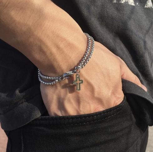 Close-up of the Stainless Steel Cross Bracelet