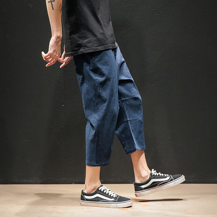 Japanese plus size men's black wall linen shorts