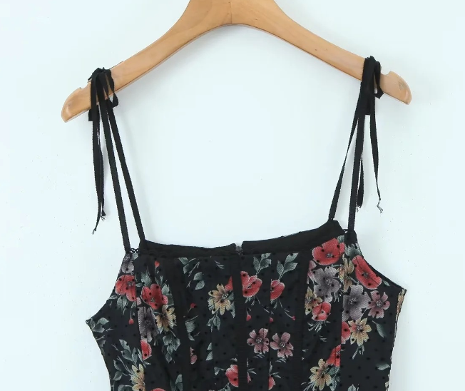 Black Floral Print Tie-Up Corset Frill Mini Dress Image 2