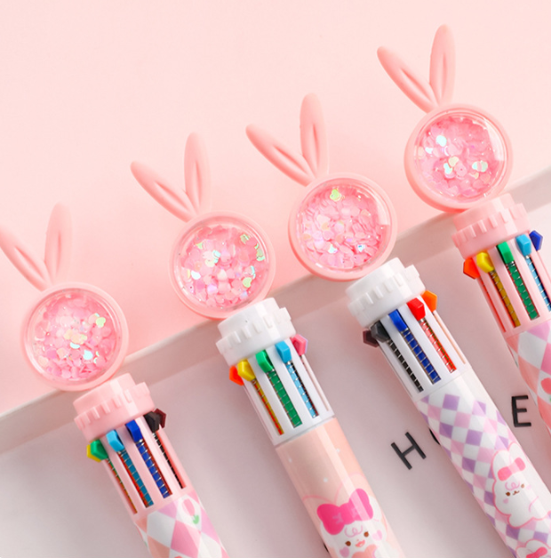 Creative Ten-color Ballpoint Pen Cartoon Sequins Rabbit Learning Office Stationery Multi-color Ballpoint Pen