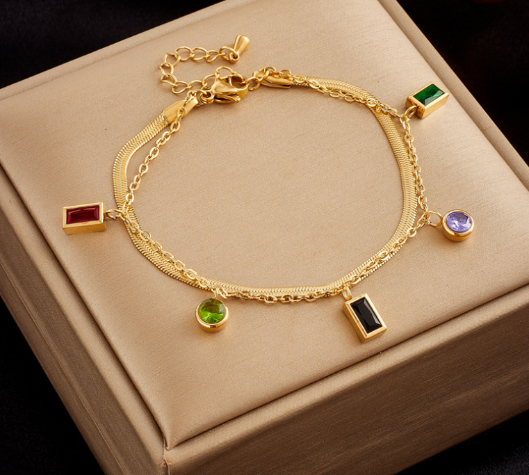 Colorful Square Round Zircon Double-layer Bracelet