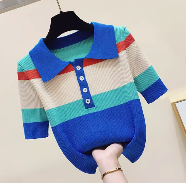 Color Stitching Lapel T-shirt