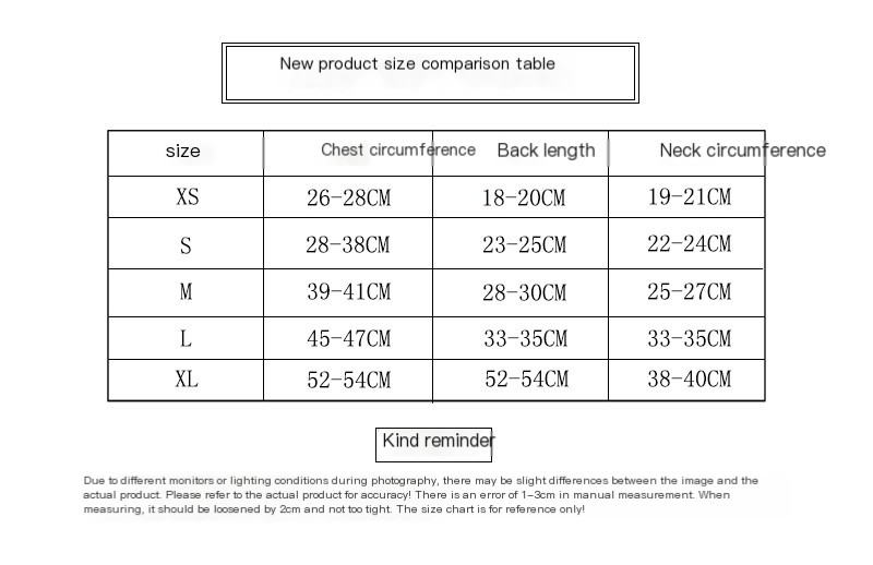 Hug Bear Four-Legged Coat - Size Chart