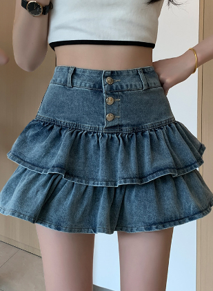 Women's Retro Ruffled Denim Skirt