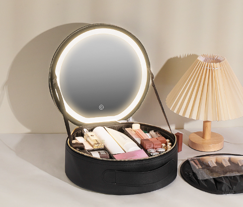 LED Round Mirror Makeup Bag Cherry Blossom Pink