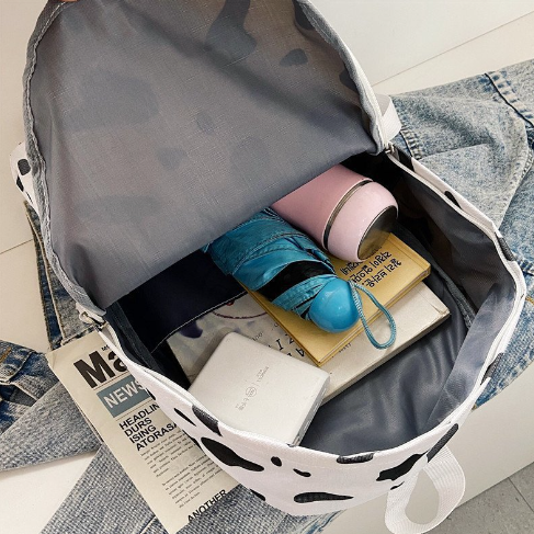 Cow print canvas bag details