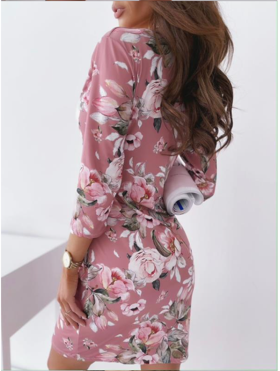 Different angles of V-neck mid-length dress